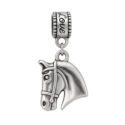 Silver stainless steel horse head charm bead with 'Love' engraving for Pandora, Chamilia, and European bracelets