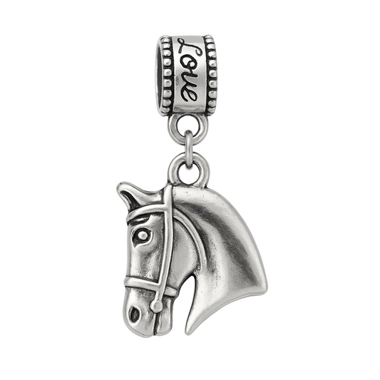 Silver stainless steel horse head charm bead with 'Love' engraving for Pandora, Chamilia, and European bracelets