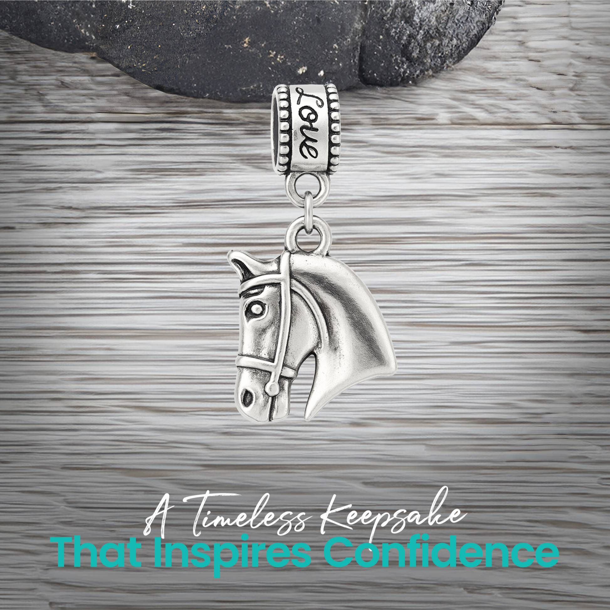 Equestrian horse head bead charm presented on gift-ready card for riders and horse lovers