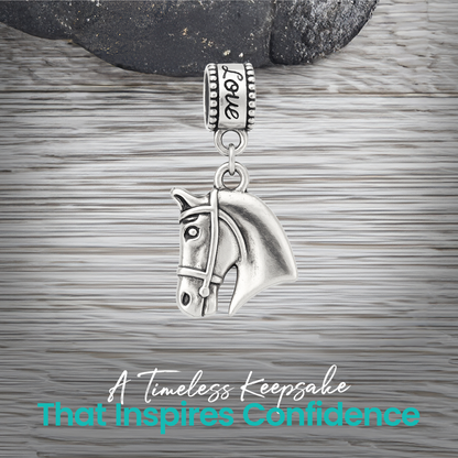 Equestrian horse head bead charm presented on gift-ready card for riders and horse lovers