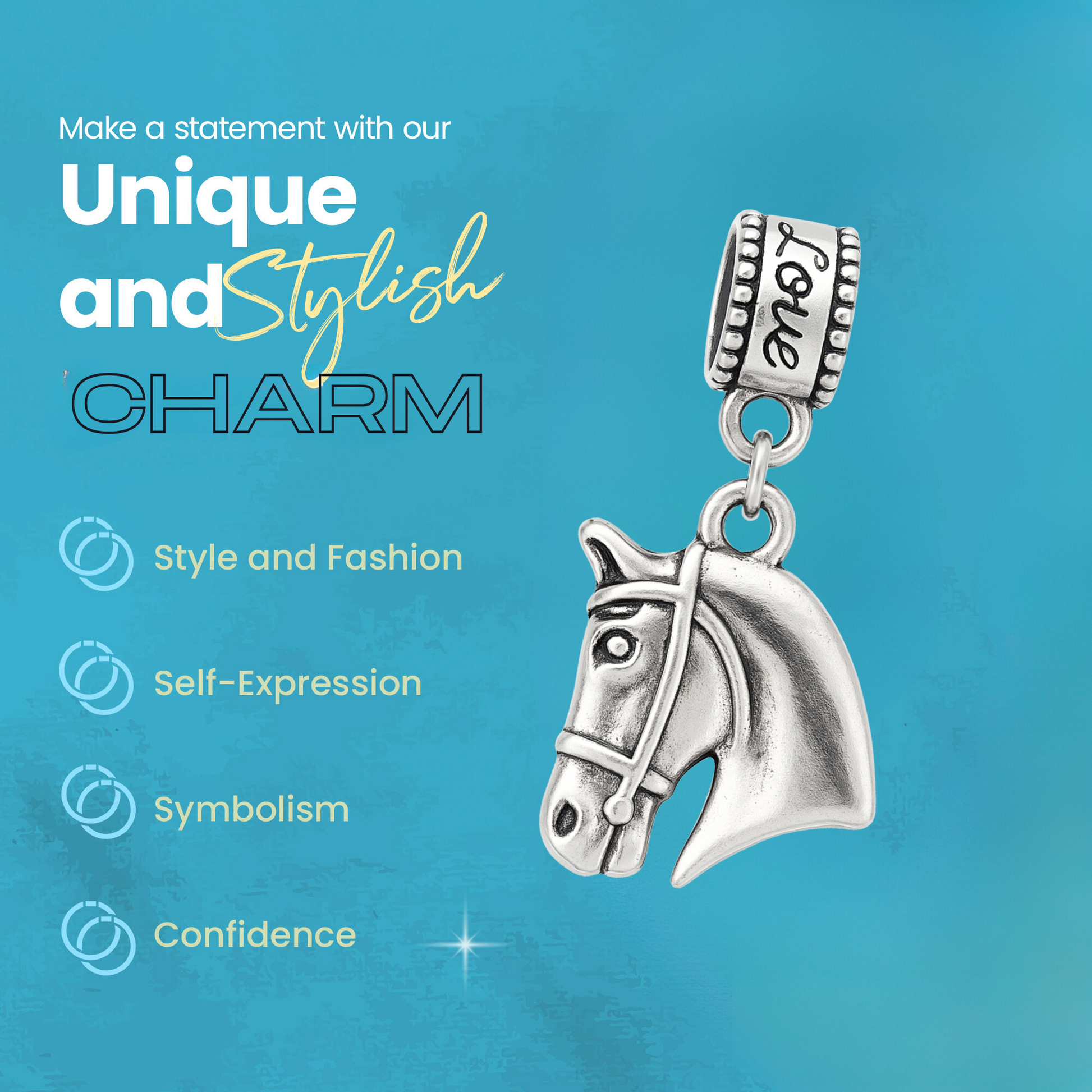 Silver horse head bead charm for European-style bracelets displayed on wood