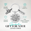 Equestrian coach appreciation keychain with charms and engraved quote shown with gift idea text