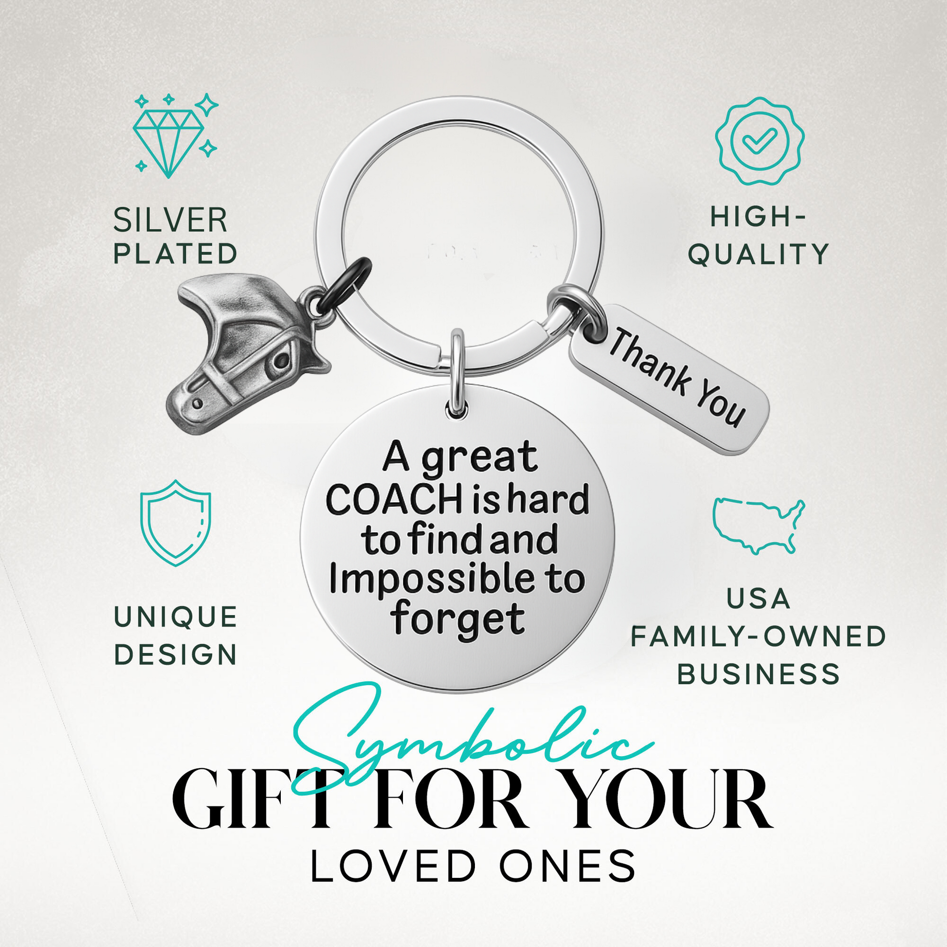 Equestrian coach appreciation keychain with charms and engraved quote shown with gift idea text