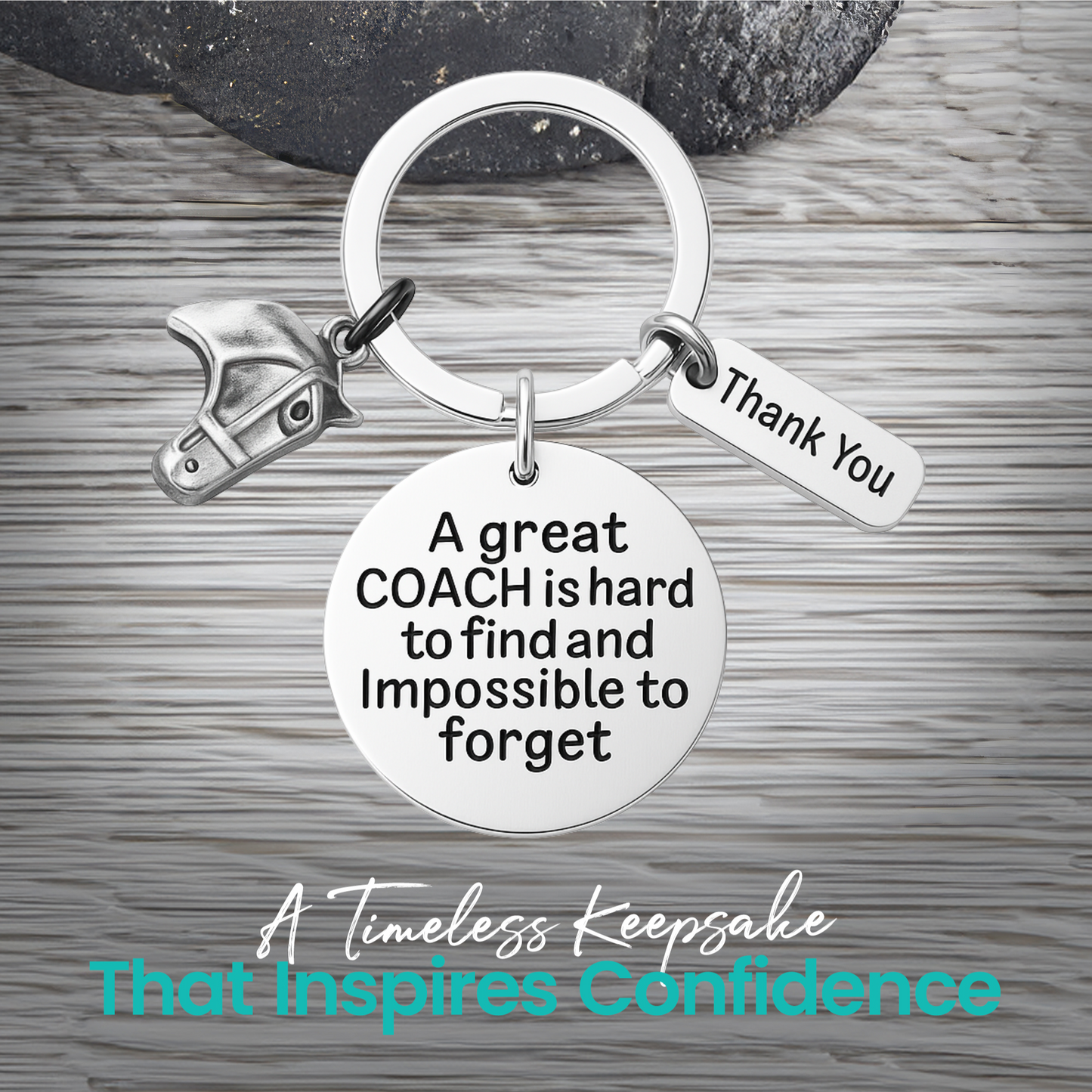 Silver equestrian coach keychain with horse head charm and engraved Great Coach Is Hard to Find pendant on rustic wood