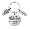 Equestrian coach keychain with horse head charm, Thank You charm, and engraved Great Coach Is Hard to Find But Impossible to Forget pendant