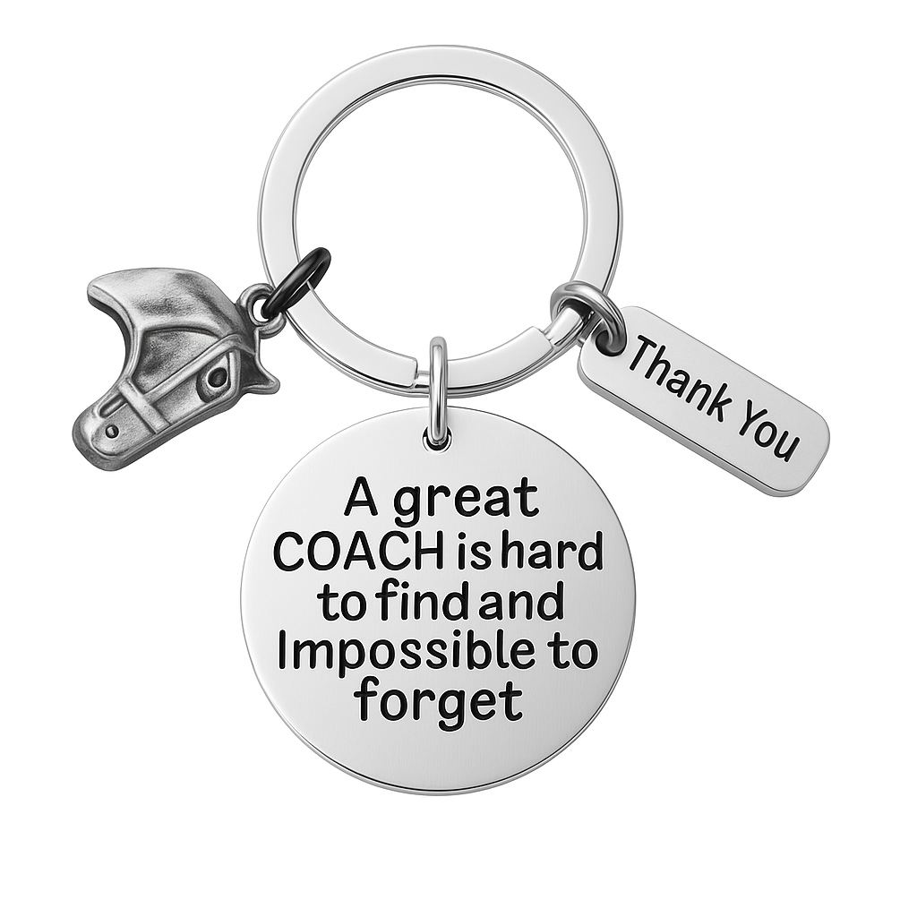 Equestrian coach keychain with horse head charm, Thank You charm, and engraved Great Coach Is Hard to Find But Impossible to Forget pendant
