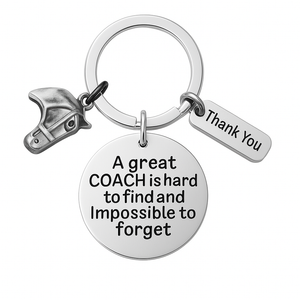 Equestrian coach keychain with horse head charm, Thank You charm, and engraved Great Coach Is Hard to Find But Impossible to Forget pendant