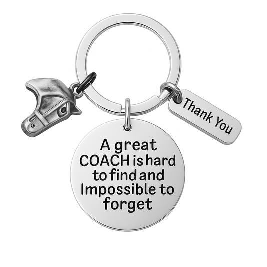 Equestrian coach keychain with horse head charm, Thank You charm, and engraved Great Coach Is Hard to Find But Impossible to Forget pendant