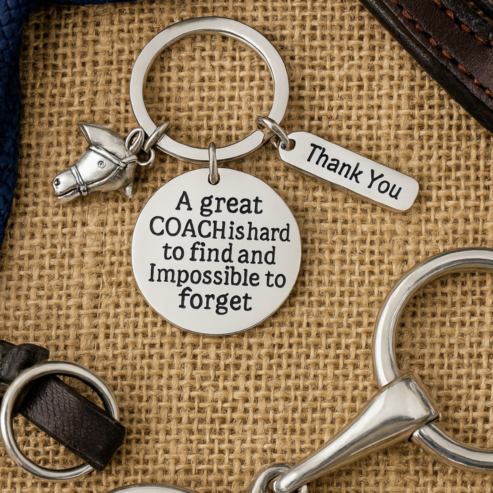 Horse riding instructor coach keychain with engraved quote displayed on burlap surface