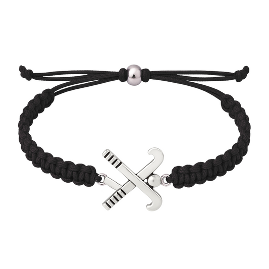 Black adjustable rope field hockey bracelet with stainless steel crossed sticks charm