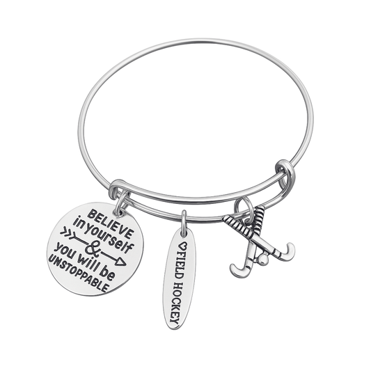 Silver adjustable field hockey bangle bracelet with Believe in Yourself and You Will Be Unstoppable charms
