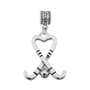 Silver heart-shaped field hockey charm bead with crossed sticks for Pandora, Chamilia, and European bracelets