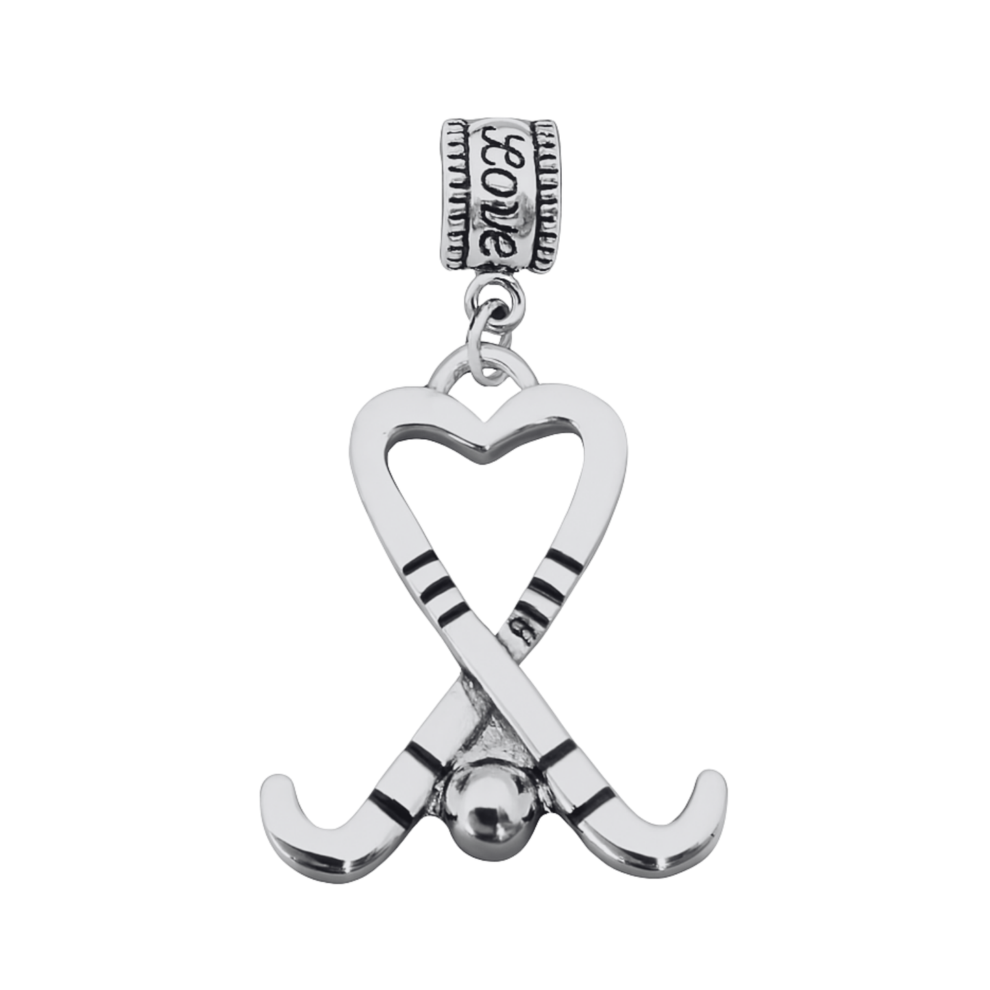 Silver heart-shaped field hockey charm bead with crossed sticks for Pandora, Chamilia, and European bracelets
