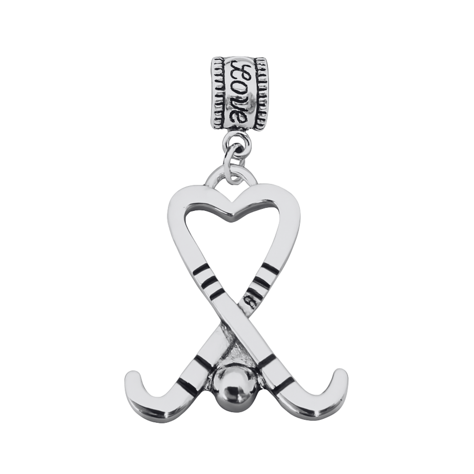 Silver heart-shaped field hockey charm bead with crossed sticks for Pandora, Chamilia, and European bracelets