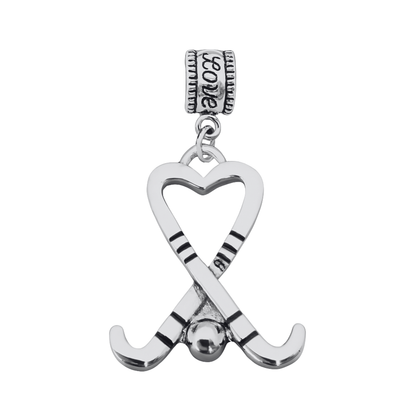 Silver heart-shaped field hockey charm bead with crossed sticks for Pandora, Chamilia, and European bracelets