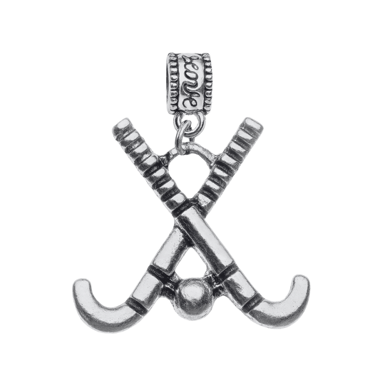 Stainless steel field hockey charm bead with crossed sticks and ball design for Pandora and European bracelets