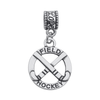 Round silver field hockey charm bead with engraved field hockey text and ball design