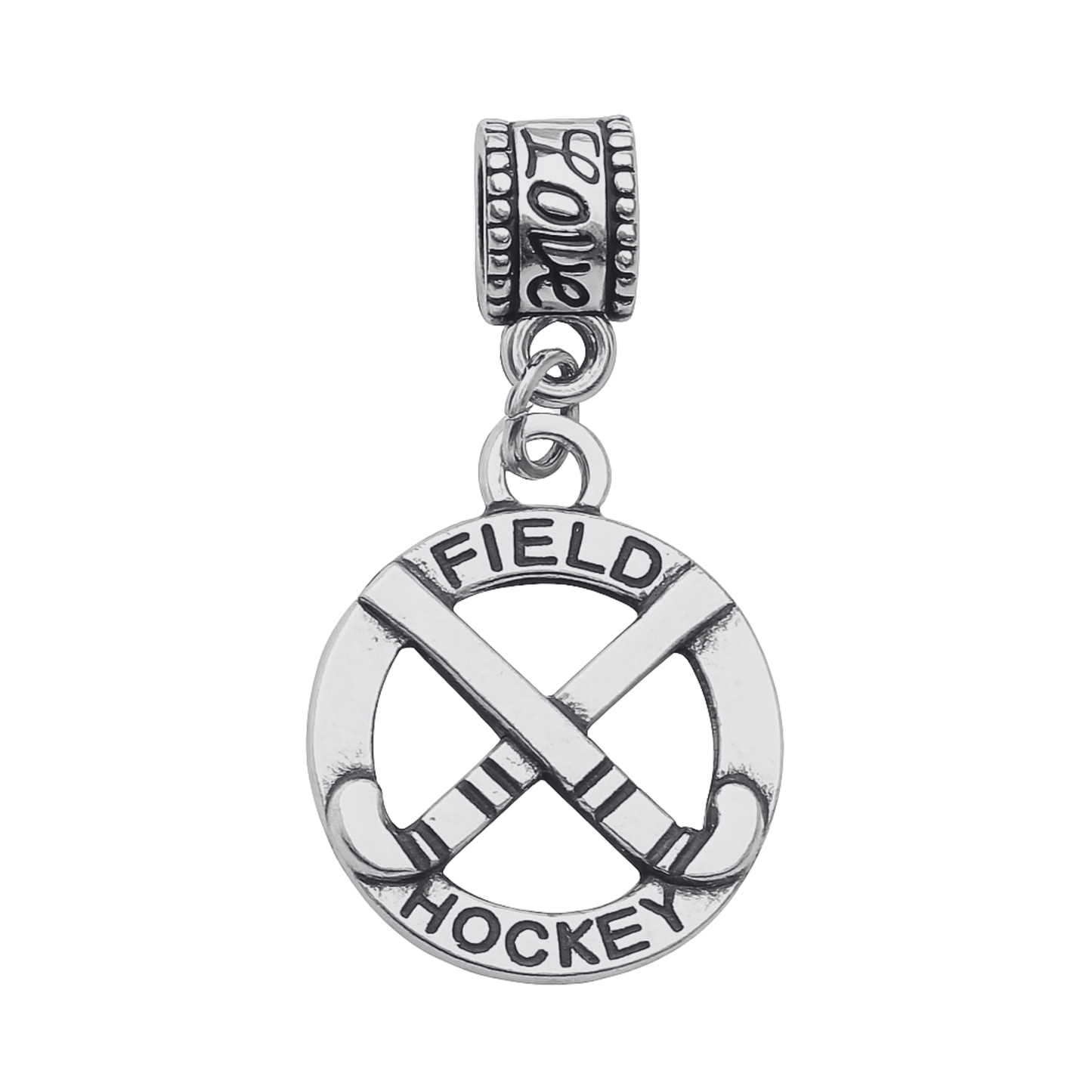 Round silver field hockey charm bead with engraved field hockey text and ball design
