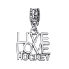 Silver LOVE field hockey charm bead with crossed sticks replacing the letter O
