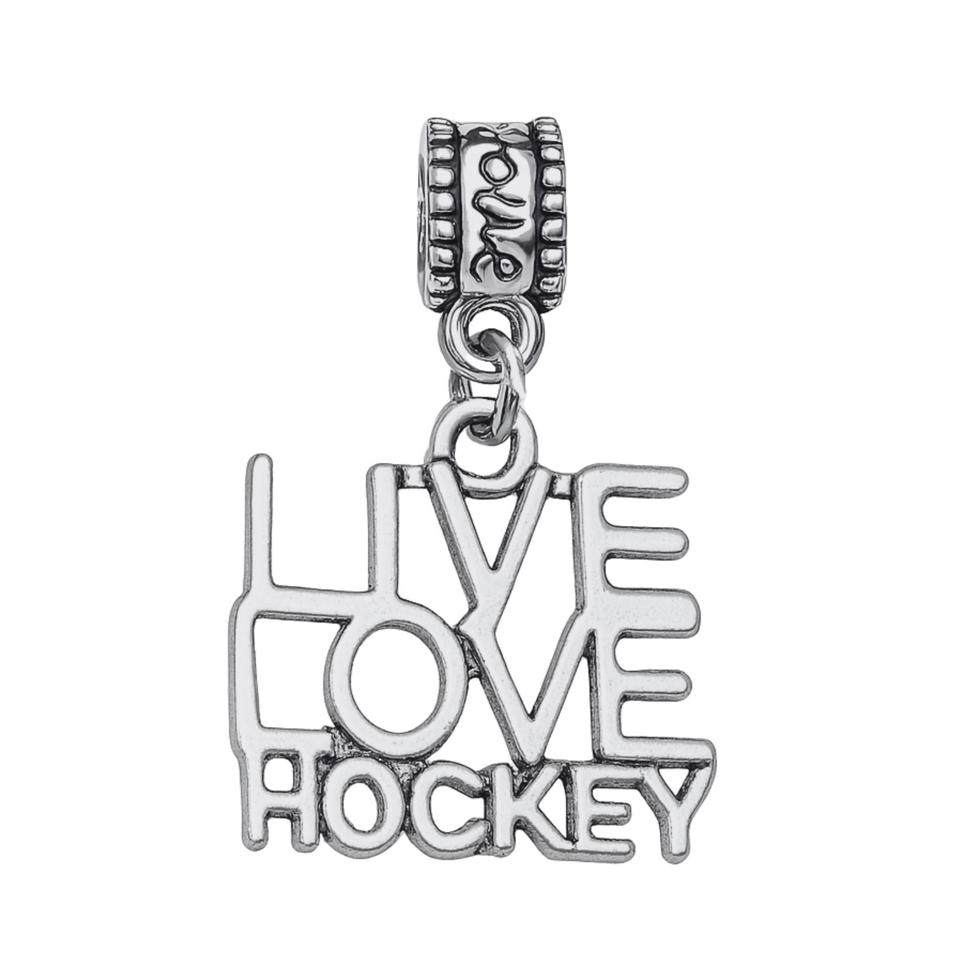 Silver LOVE field hockey charm bead with crossed sticks replacing the letter O