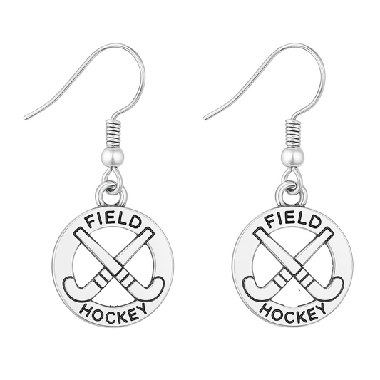 Silver plated field hockey charm dangle earrings with crossed sticks design for players