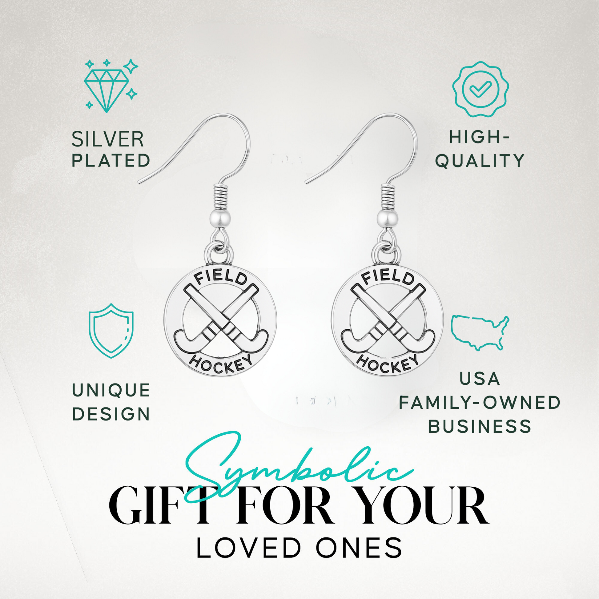 Field hockey earrings displayed in gift box, ideal present for coaches and athletes