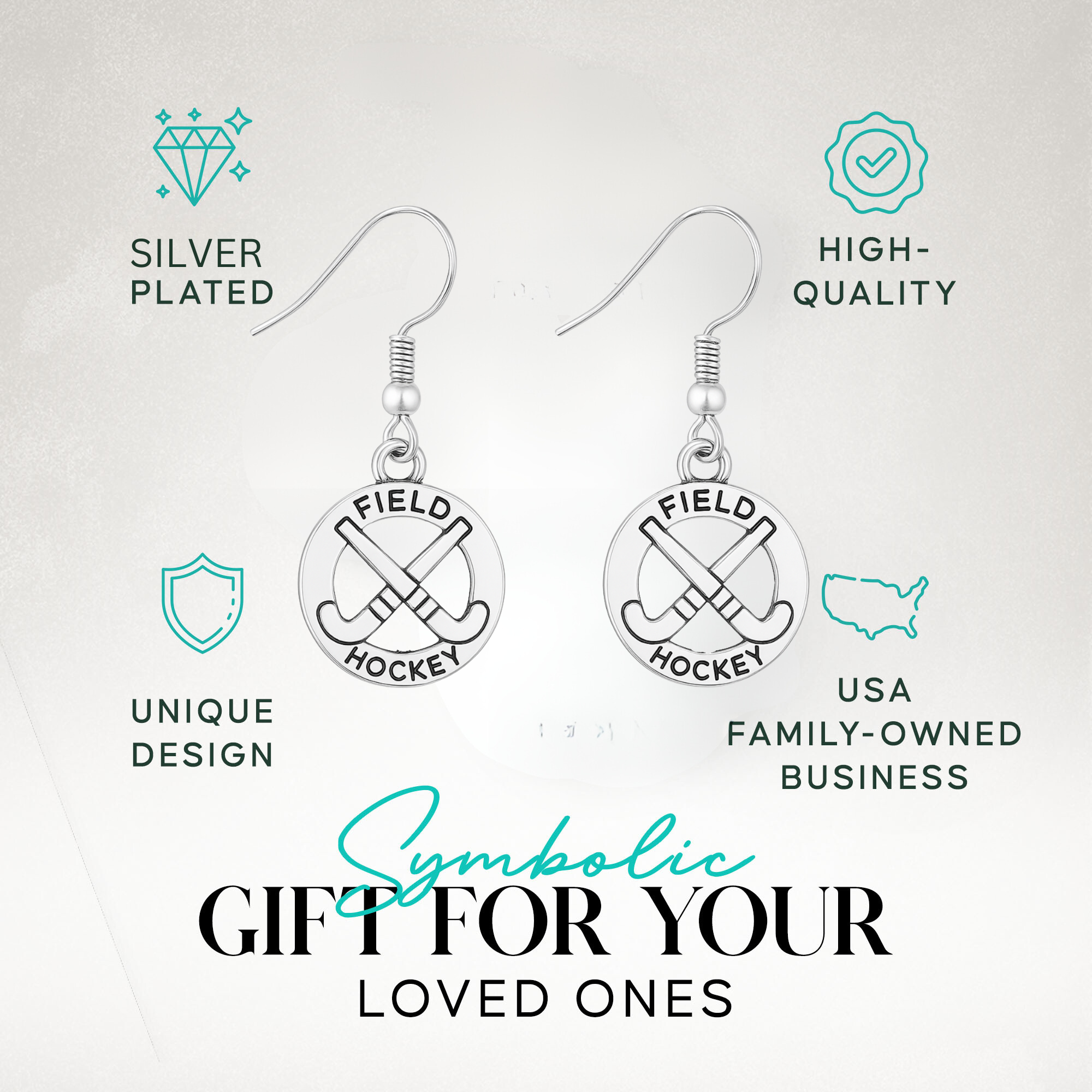 Field hockey earrings displayed in gift box, ideal present for coaches and athletes