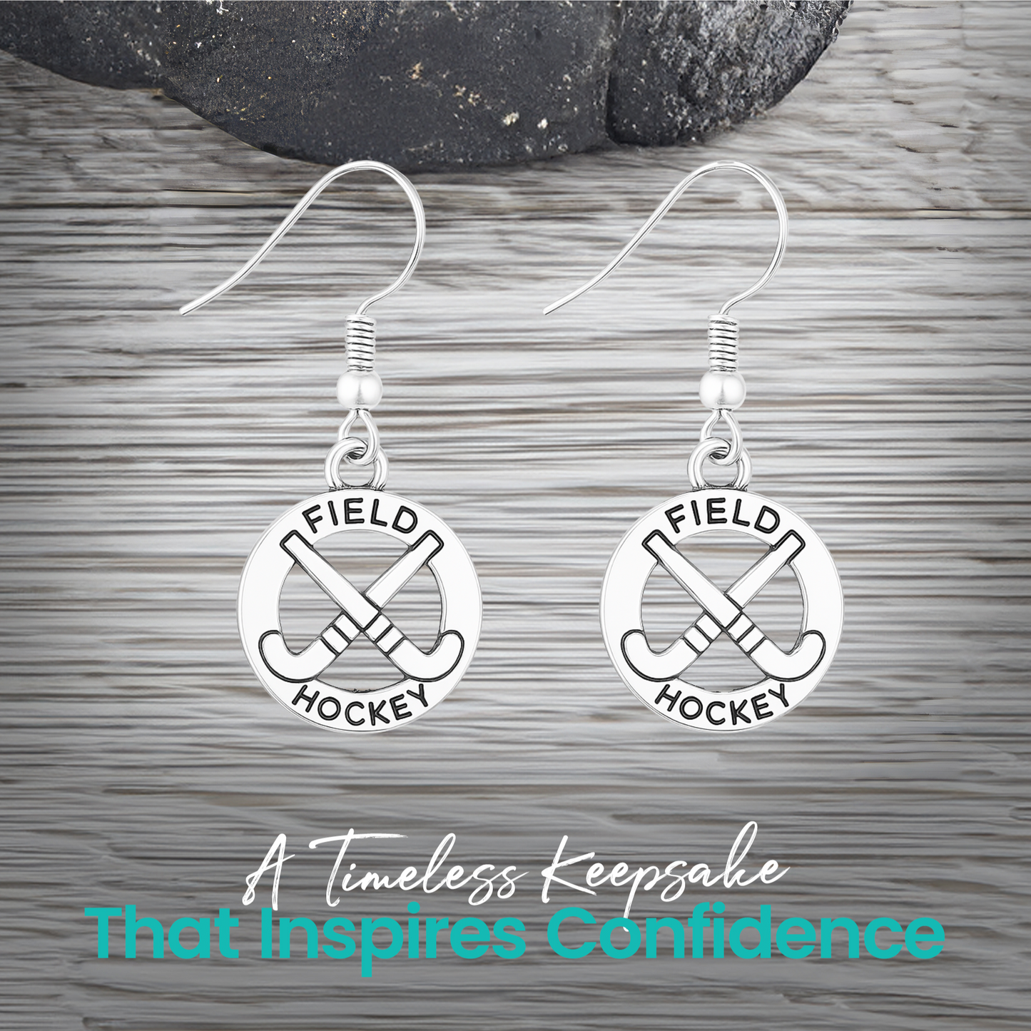 Field hockey charm earrings on Sportybella gift card, ready to gift for any occasion"