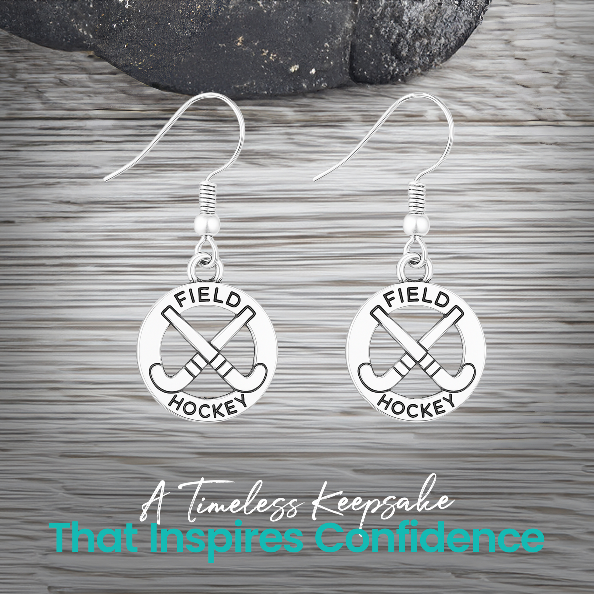 Field hockey charm earrings on Sportybella gift card, ready to gift for any occasion"