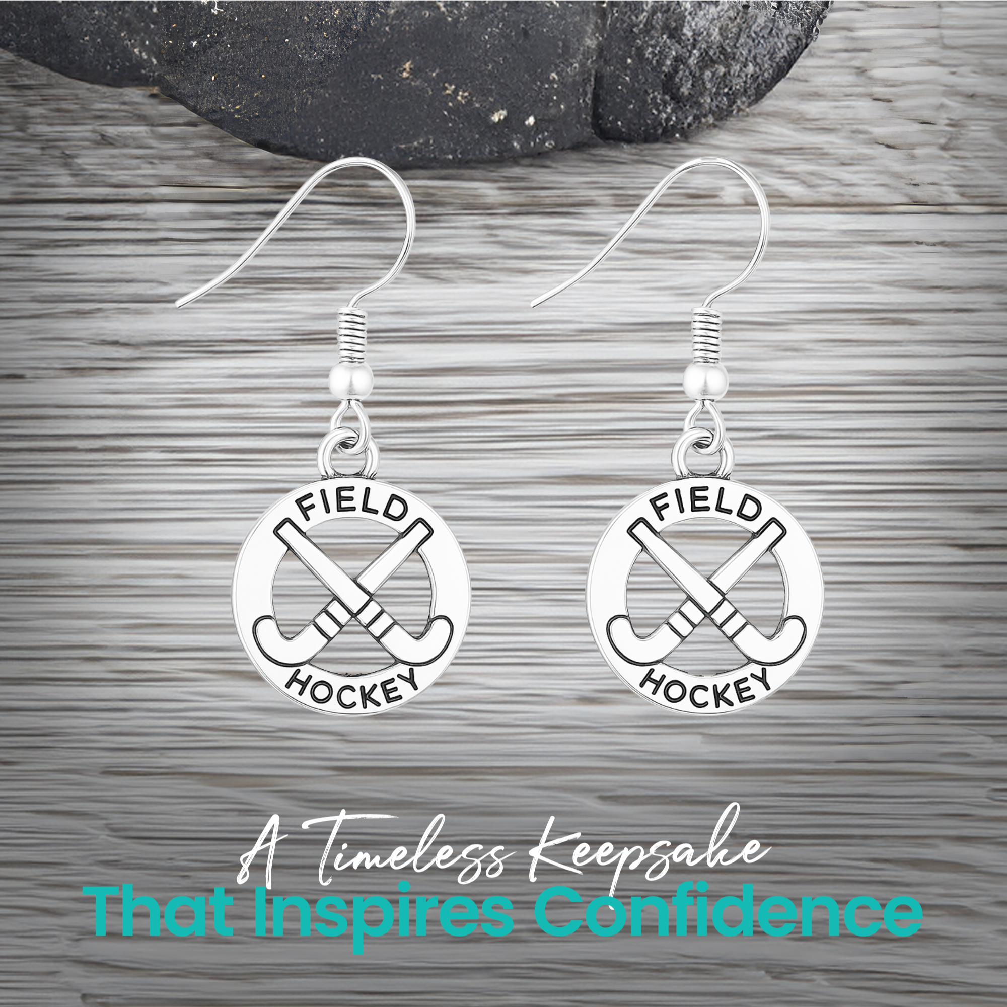 Field hockey charm earrings on Sportybella gift card, ready to gift for any occasion"