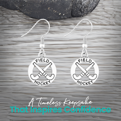 Field hockey charm earrings on Sportybella gift card, ready to gift for any occasion"