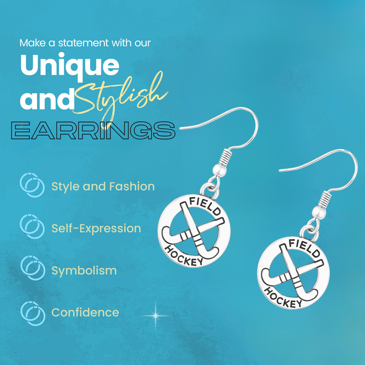 Silver dangle field hockey earrings on rustic wood, perfect for players and teams