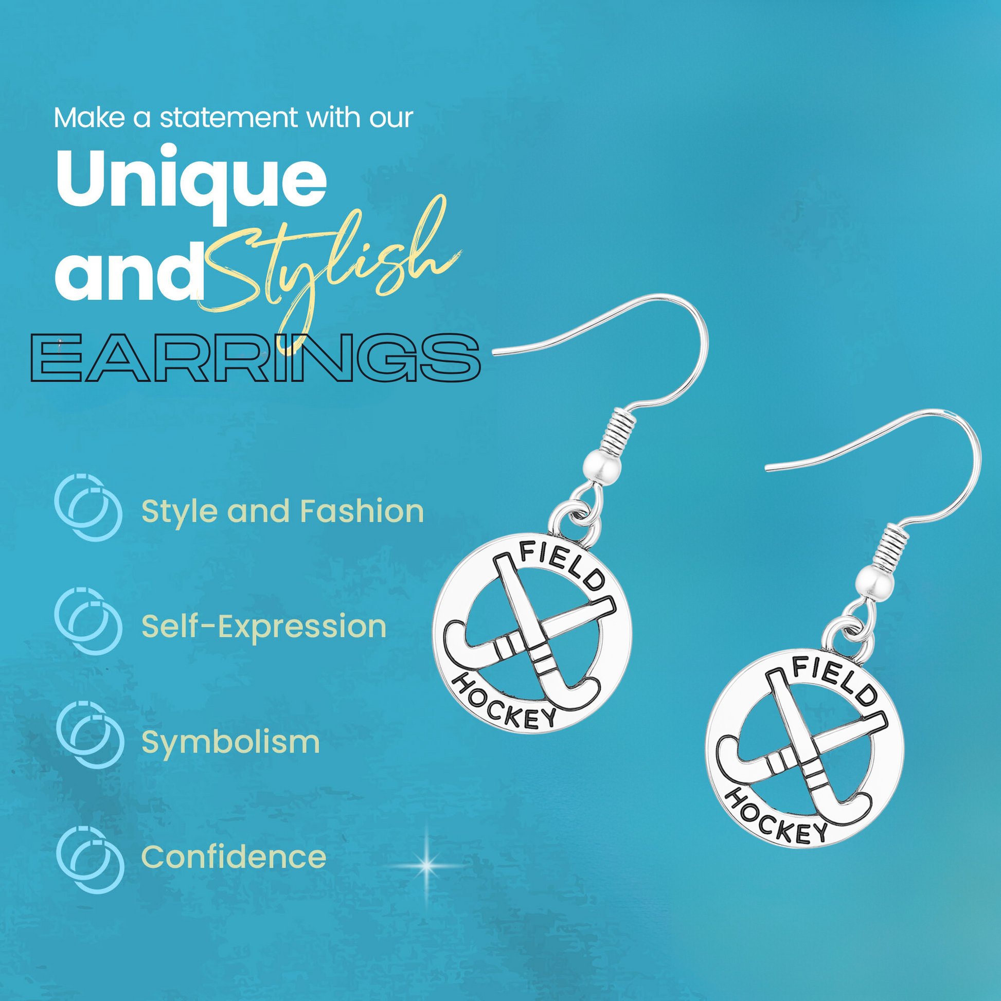 Silver dangle field hockey earrings on rustic wood, perfect for players and teams
