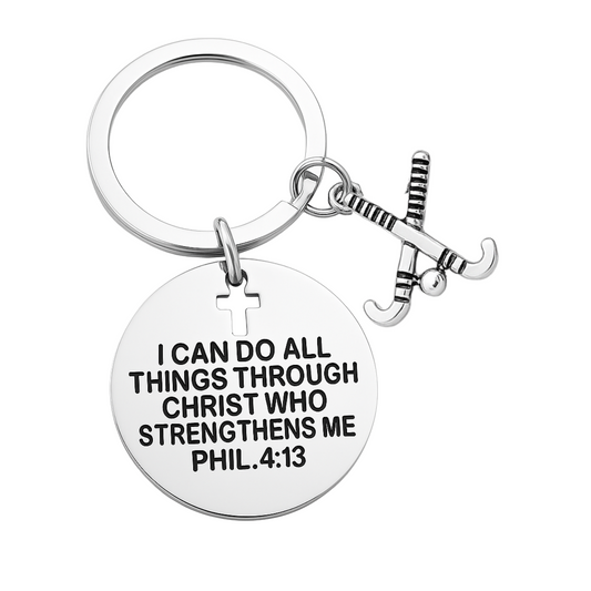 Silver field hockey keychain with Bible verse 'I Can Do All Things Through Christ Who Strengthens Me – Phil. 4:13' and hockey sticks charm