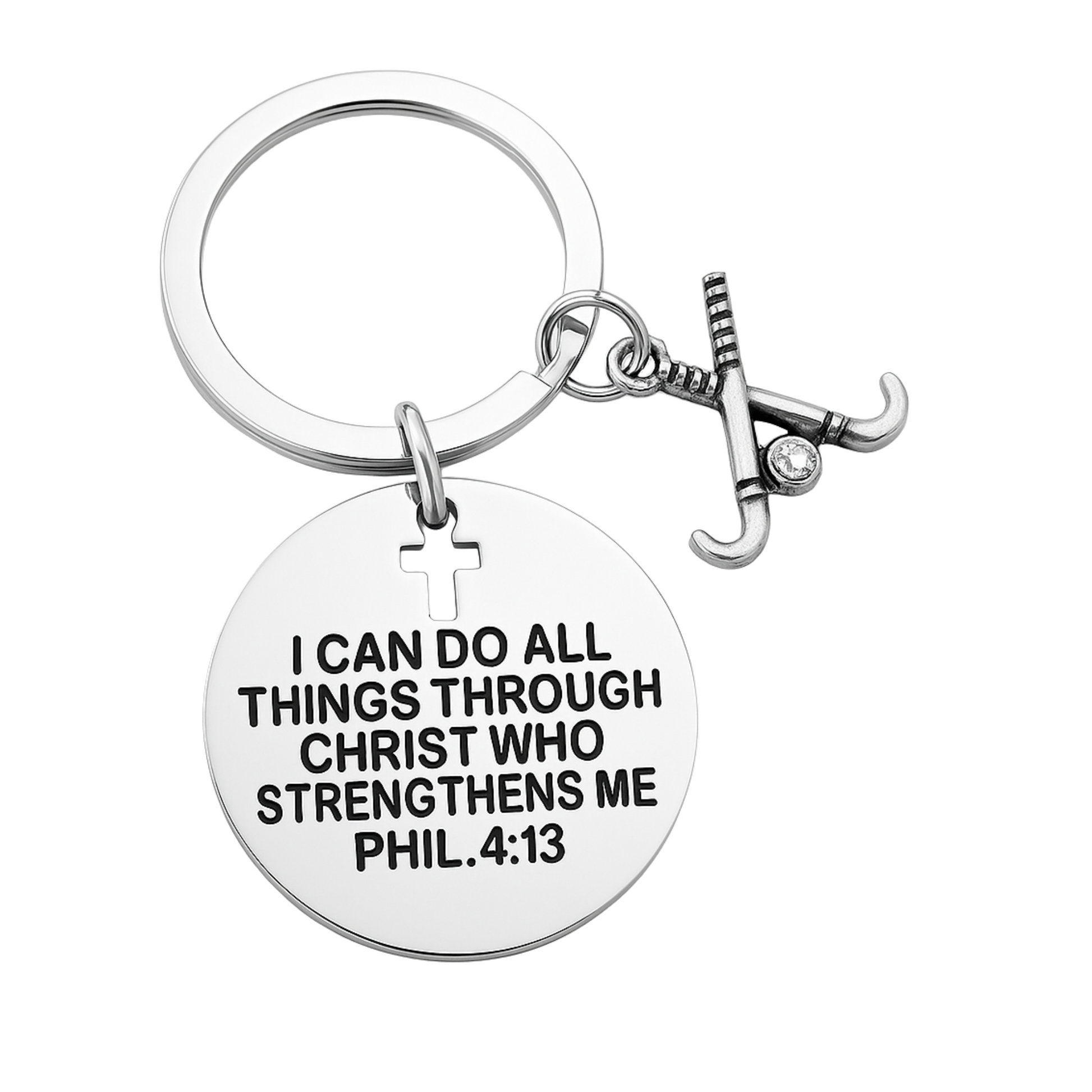 Motivational Christian field hockey keychain with cross and sticks charm for girls and women athletes