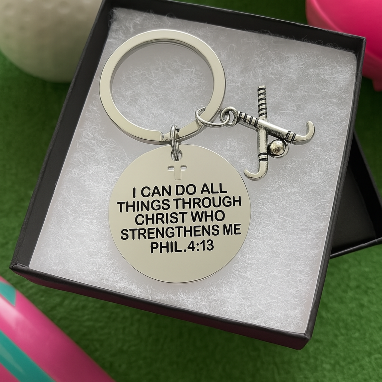 Faith-based field hockey keychain in elegant box, perfect Christian gift for female athletes
