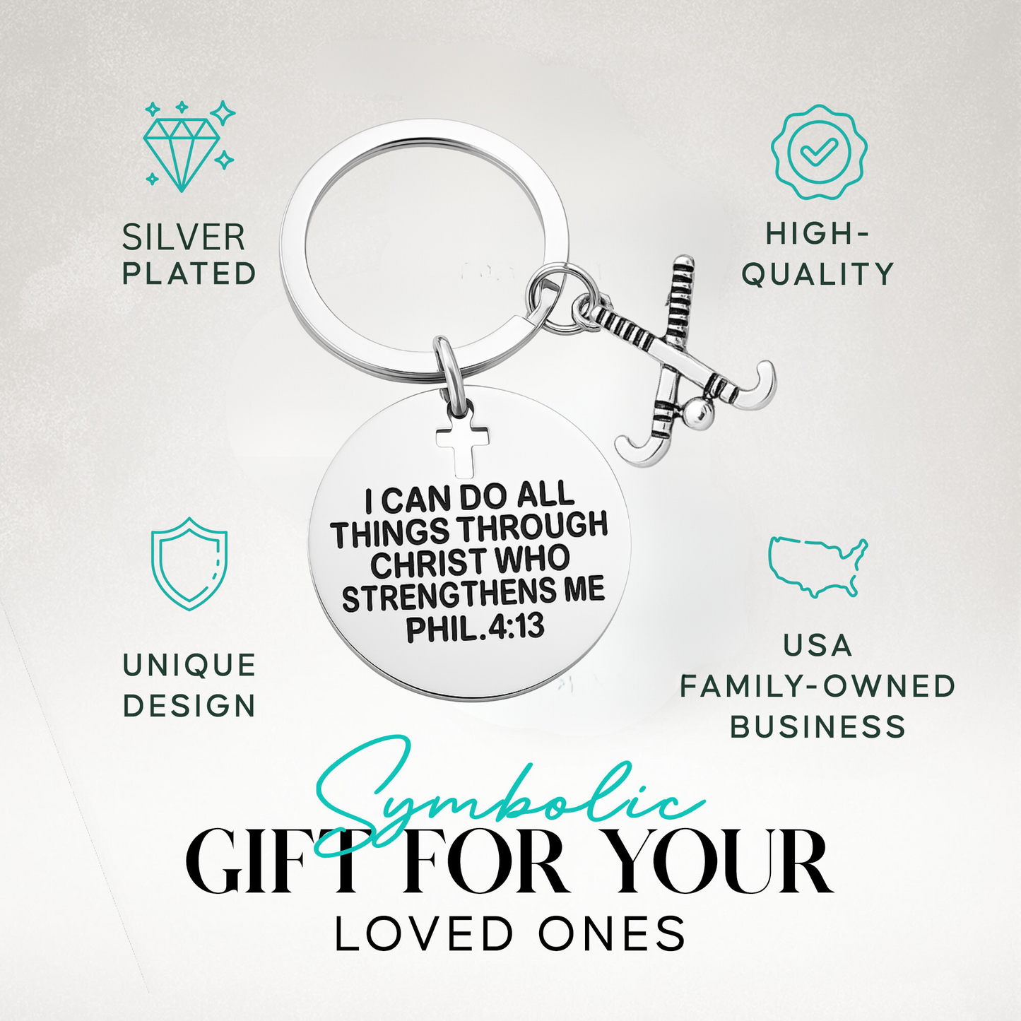 Philippians 4:13 field hockey keychain with scripture, displayed with cross and sticks charm