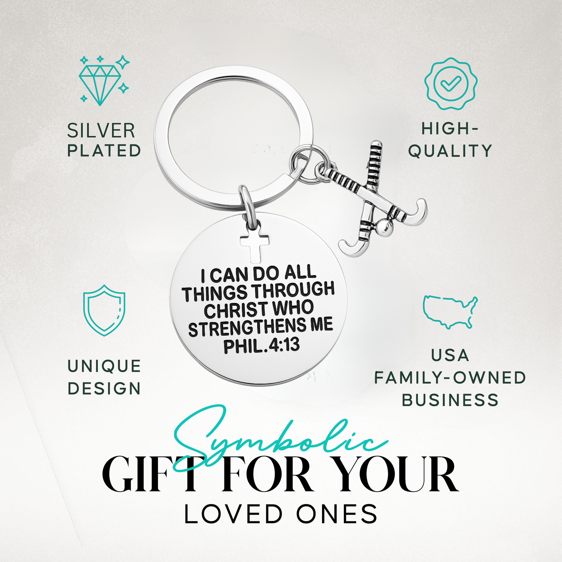 Philippians 4:13 field hockey keychain with scripture, displayed with cross and sticks charm