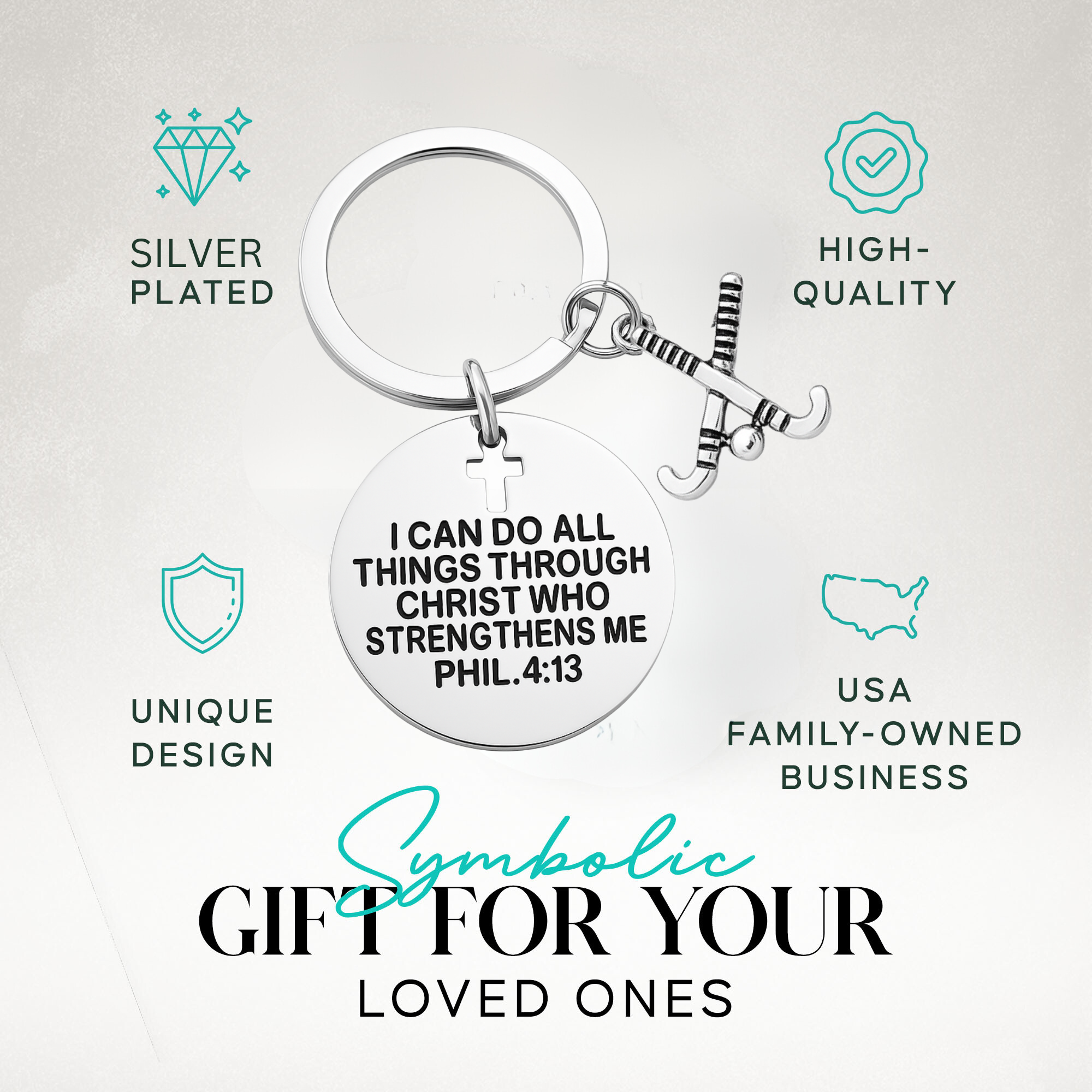 Philippians 4:13 field hockey keychain with scripture, displayed with cross and sticks charm