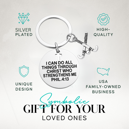 Philippians 4:13 field hockey keychain with scripture, displayed with cross and sticks charm