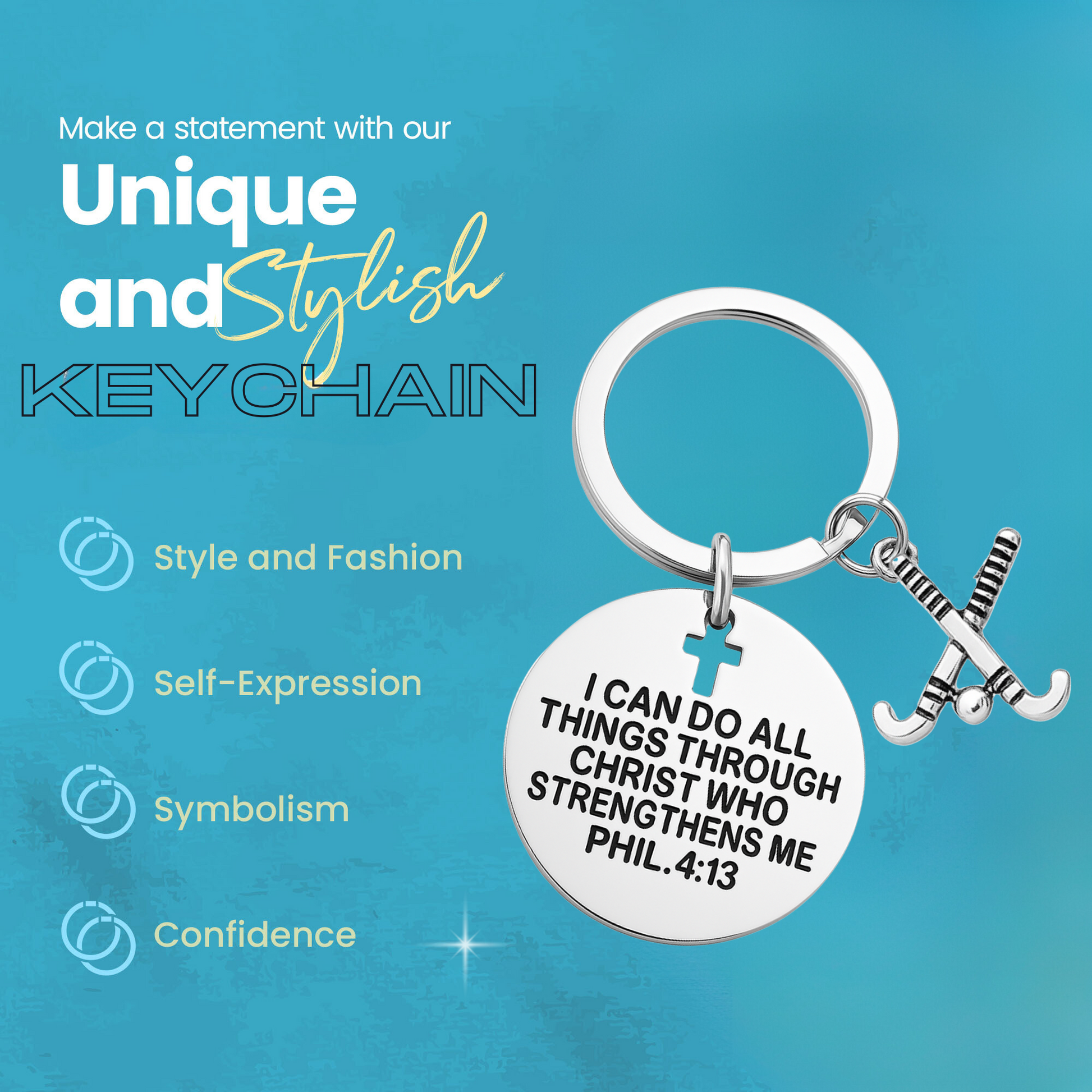 Inspirational field hockey keychain with scripture, charm, and features highlighted