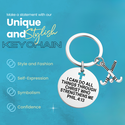Inspirational field hockey keychain with scripture, charm, and features highlighted