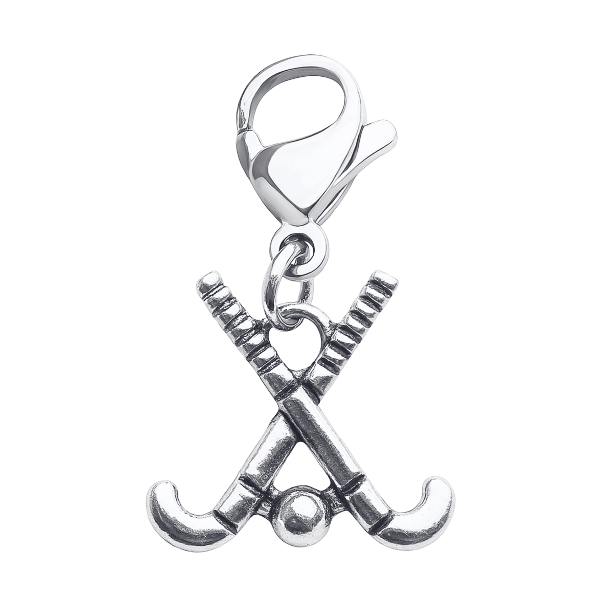 Silver field hockey clip-on zipper pull charm with crossed sticks and ball design and lobster clasp attachment