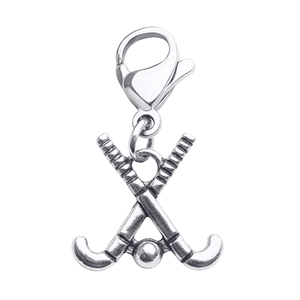 Silver field hockey clip-on zipper pull charm with crossed sticks and ball design and lobster clasp attachment