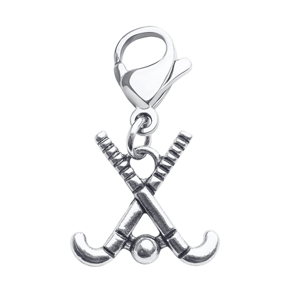 Silver field hockey clip-on zipper pull charm with crossed sticks and ball design and lobster clasp attachment
