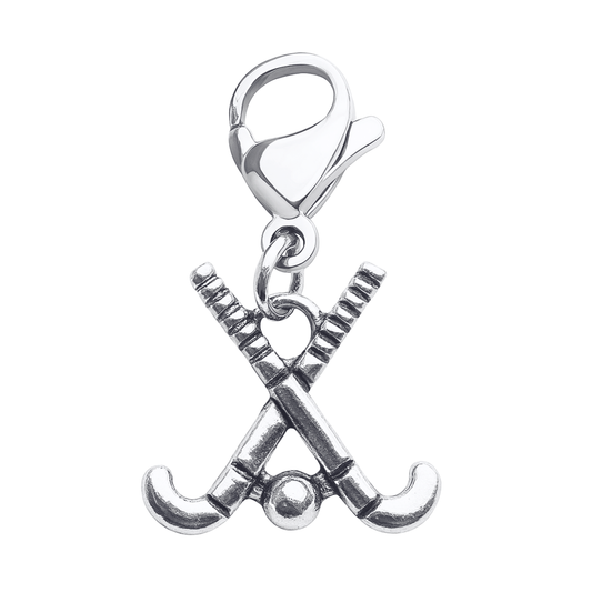 Silver field hockey clip-on zipper pull charm with crossed sticks and ball design and lobster clasp attachment