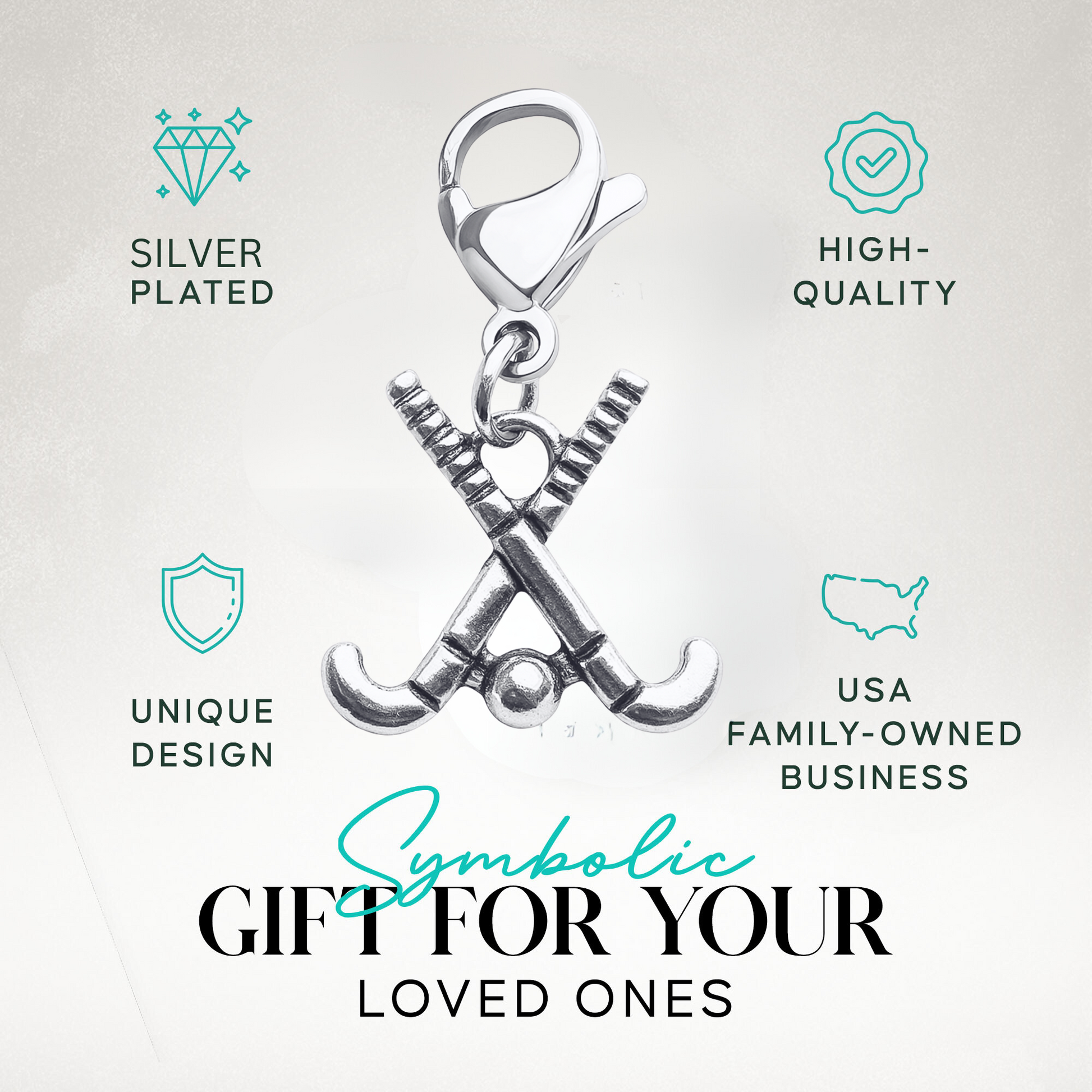 Silver field hockey zipper pull charm shown with text about unique design, durability, and gift idea