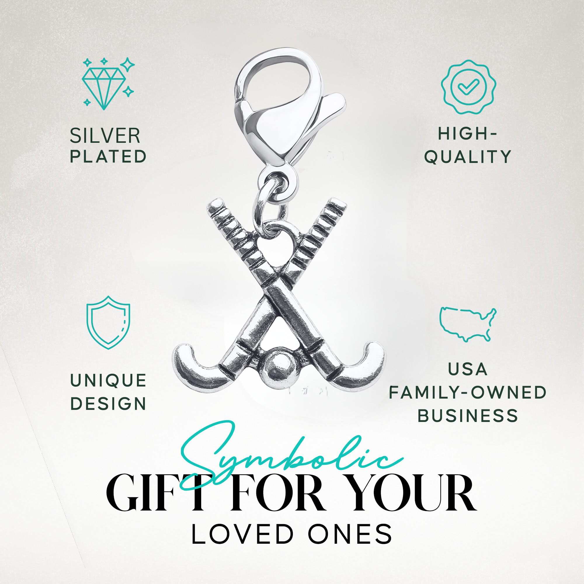 Silver field hockey zipper pull charm shown with text about unique design, durability, and gift idea