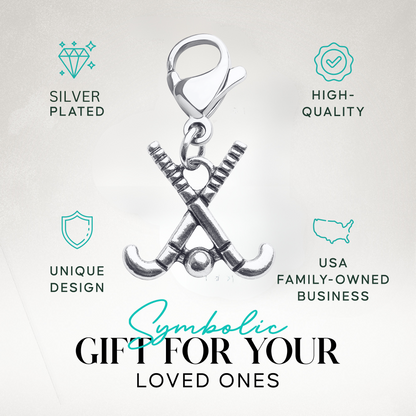 Silver field hockey zipper pull charm shown with text about unique design, durability, and gift idea