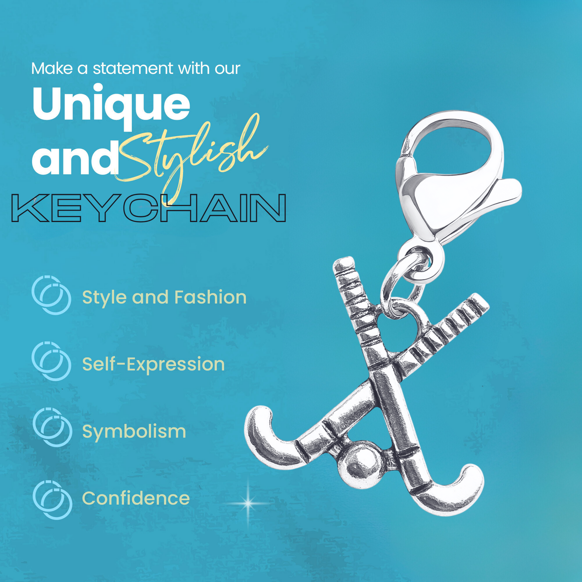 Field hockey zipper pull charm with icons highlighting lightweight, rust-resistant, and stylish features